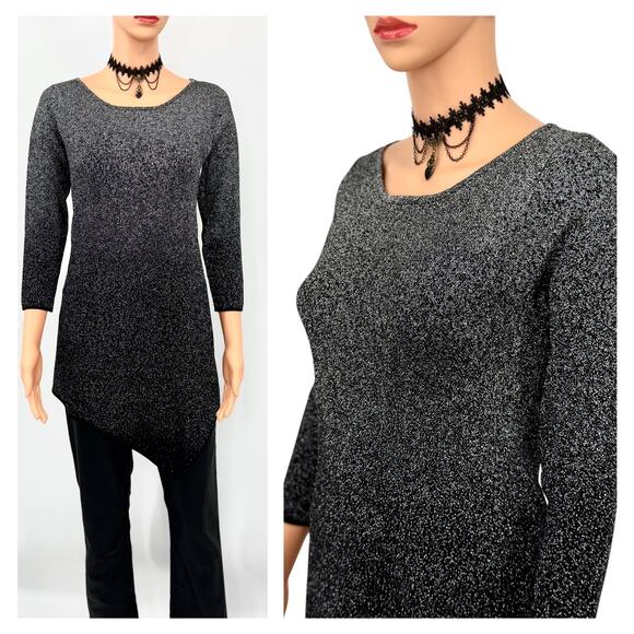 Chelsea & Theodore Metallic Shimmer Tunic Top Sz S Black Lurex Ombre Asymmetric - Picture 1 of 11